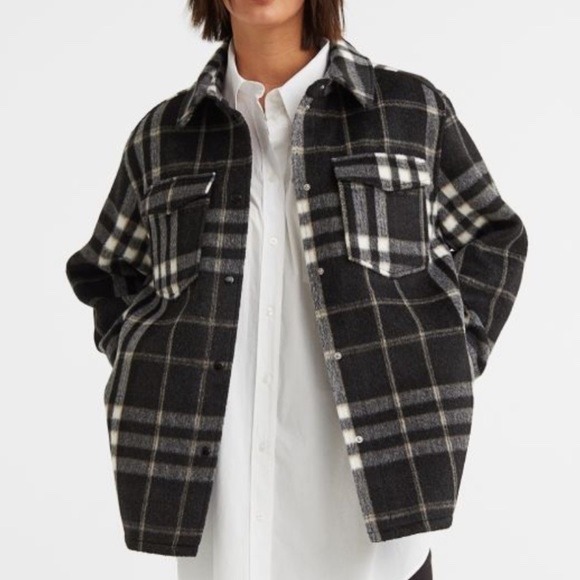H&M‎ Black Plaid Wool Blend Coat Jacket Flannel Style Small - Picture 8 of 8